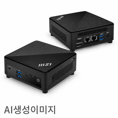 MSI Cubi 5 1MA의 전원부 정면과 랜 포트 후면을 함께 보여주는 이미지