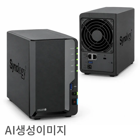 시놀로지 DS225+ NAS의 전면과 후면을 함께 보여주는 AI 생성 이미지